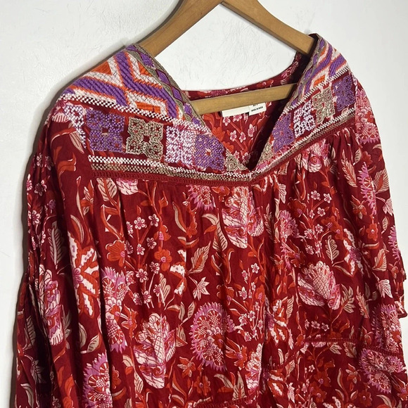 RACHEL ZOE Embroidered Boho Floral V Neck Valentines Day Peasant Babydoll Blouse - Picture 3 of 9